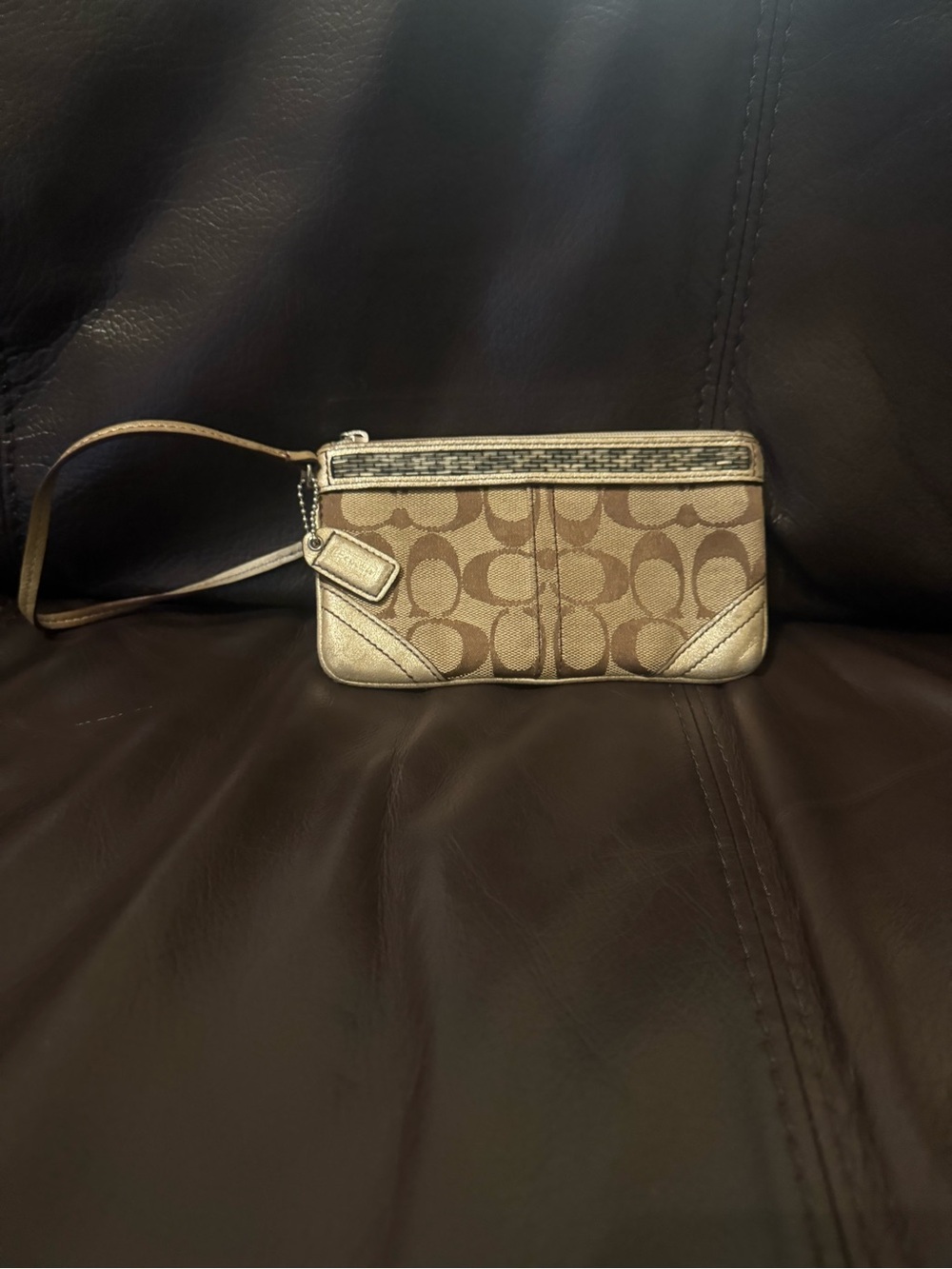 Coach Signature Canvas Wristlet in Khaki and Metallic Gold